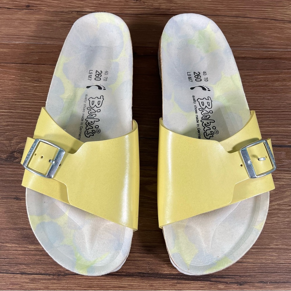 Birkenstock Yellow Single-Strap Slide Sandals with Silver Buckles